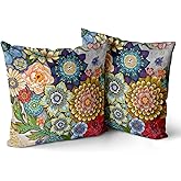 Snycler Boho Floral Throw Pillow Covers Set of 2 Colorful Boho Flower Decorative Cushions Pillowcase for Bedroom Sofa Home Decor, 24x24 Inch, Velvet, Short Plush