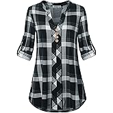 MOQIVGI Womens Roll Tab Sleeve V Neck Plaid Shirts Trendy Casual Checkered Blouse Tops