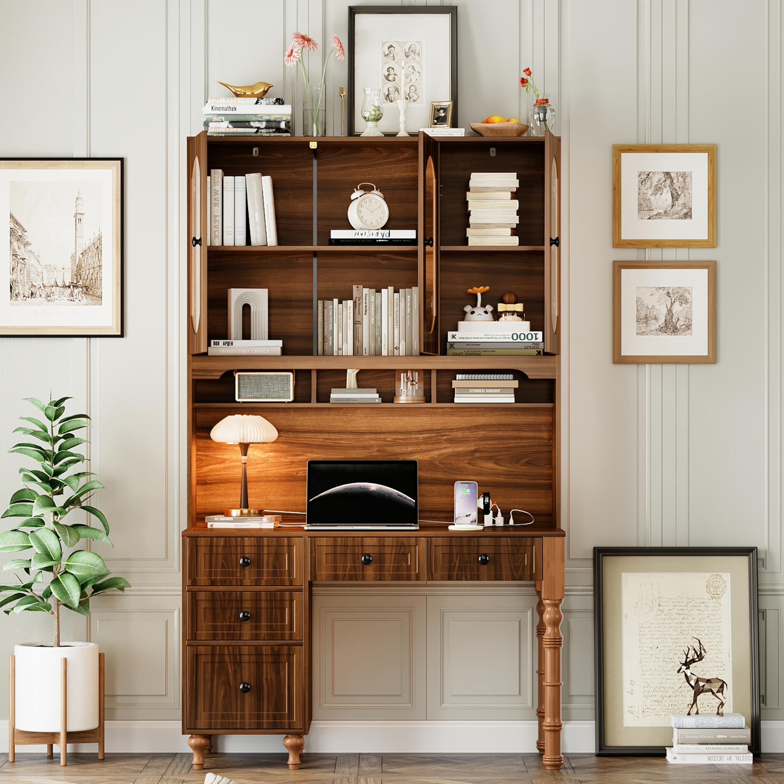 Photo 1 of ***BOX 2 OF 2 ONLY/INCOMPLETE SET***Wantble Retro Executive Desk with Charging Ports and Hutch Cabinet, 47'' Office Desk with 5 Storage Drawers and Transparent Glass-Door Bookshelf for Home Office, Bedroom (Walnut)