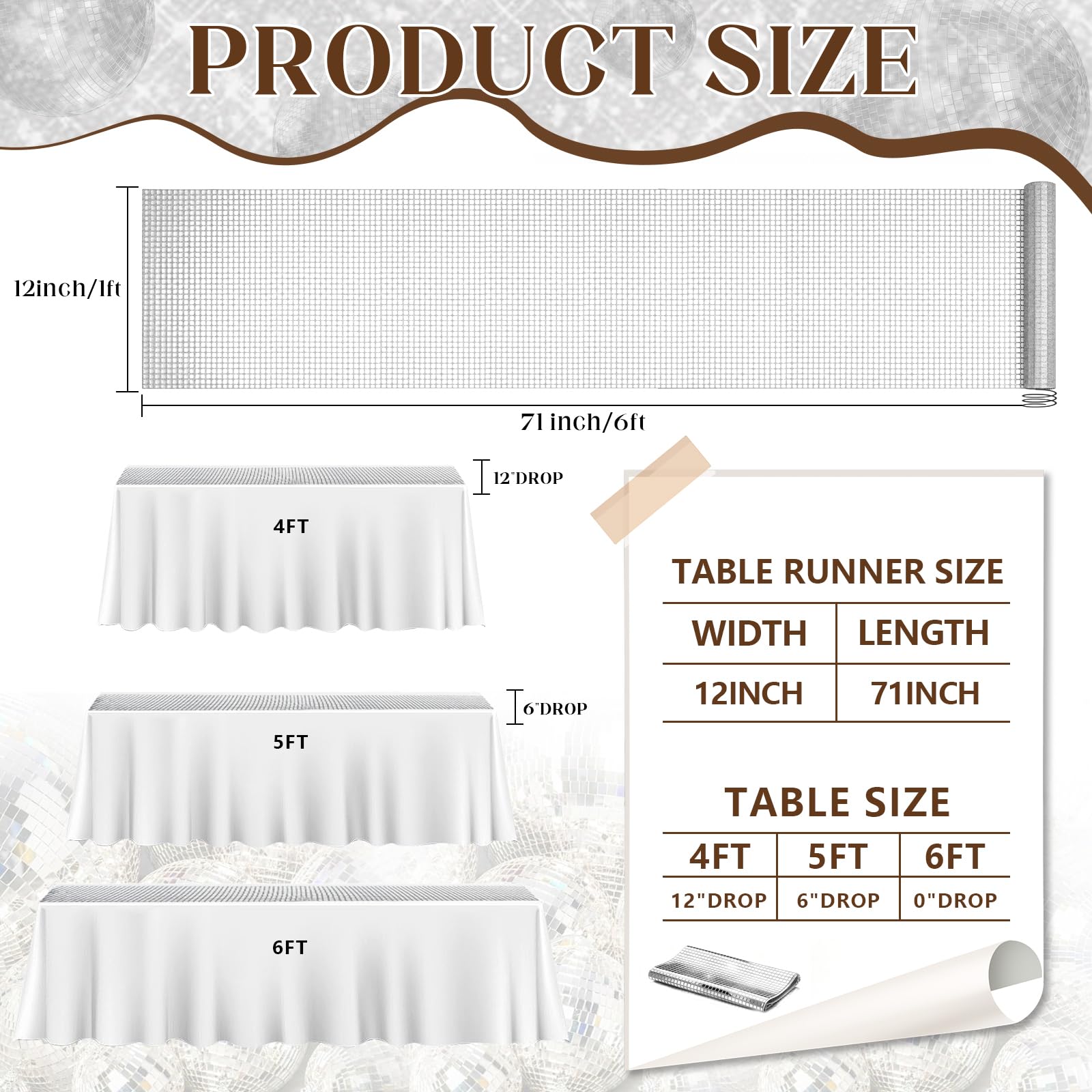 Condition photo showing As Is for moukeren 12 pack glitter disco party table runner 12 x 71 inch mirror silver table runner retro 70s 
