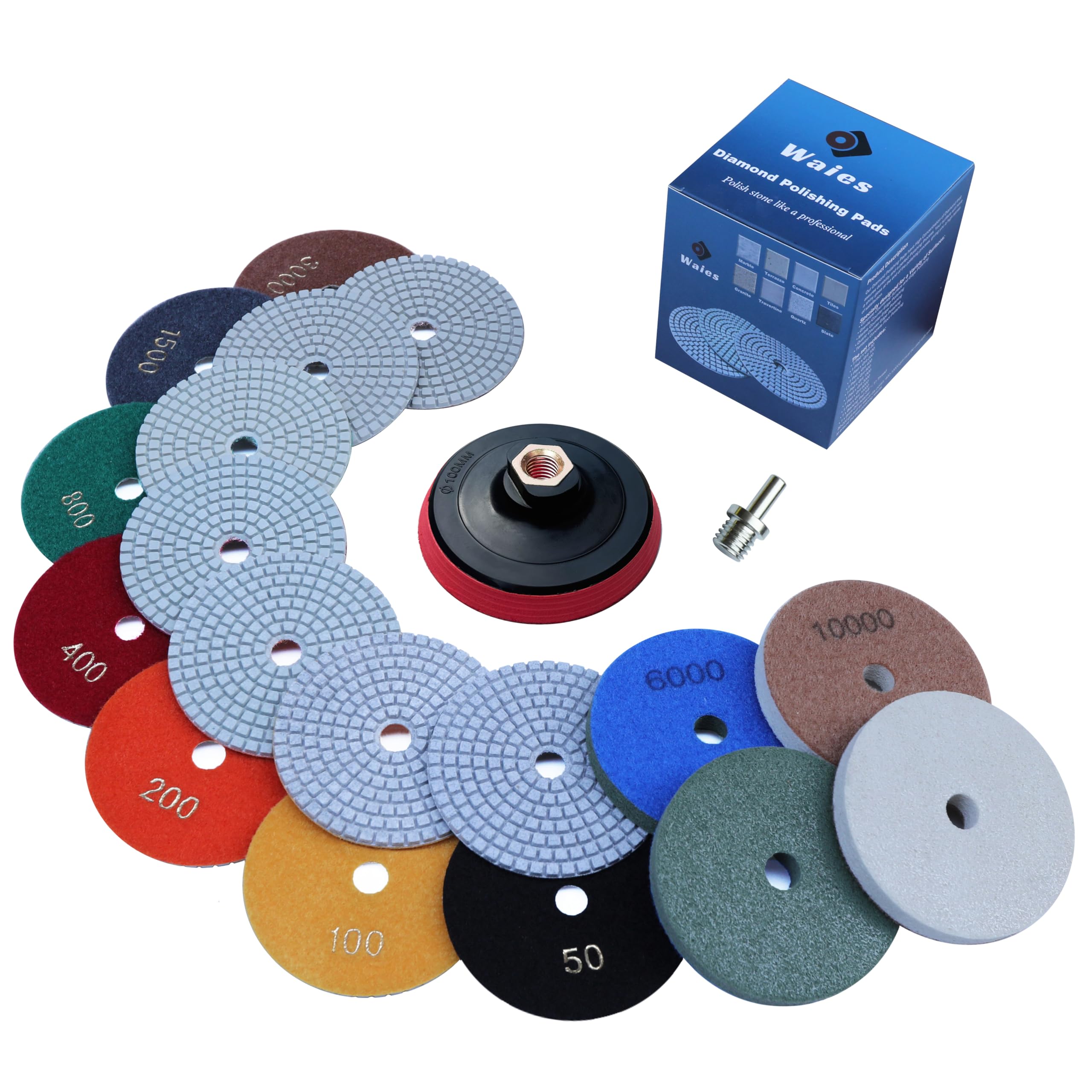 Waies 11 Packs 4 Inch Diamond Polishing Pads with M14 Backer Pad 9 PCS Wet/Dry Polish Pad Kit for Drill Grinder Polisher 50-10000 Grit Pads for Marble Tile Quartz Granite Concrete Countertop
