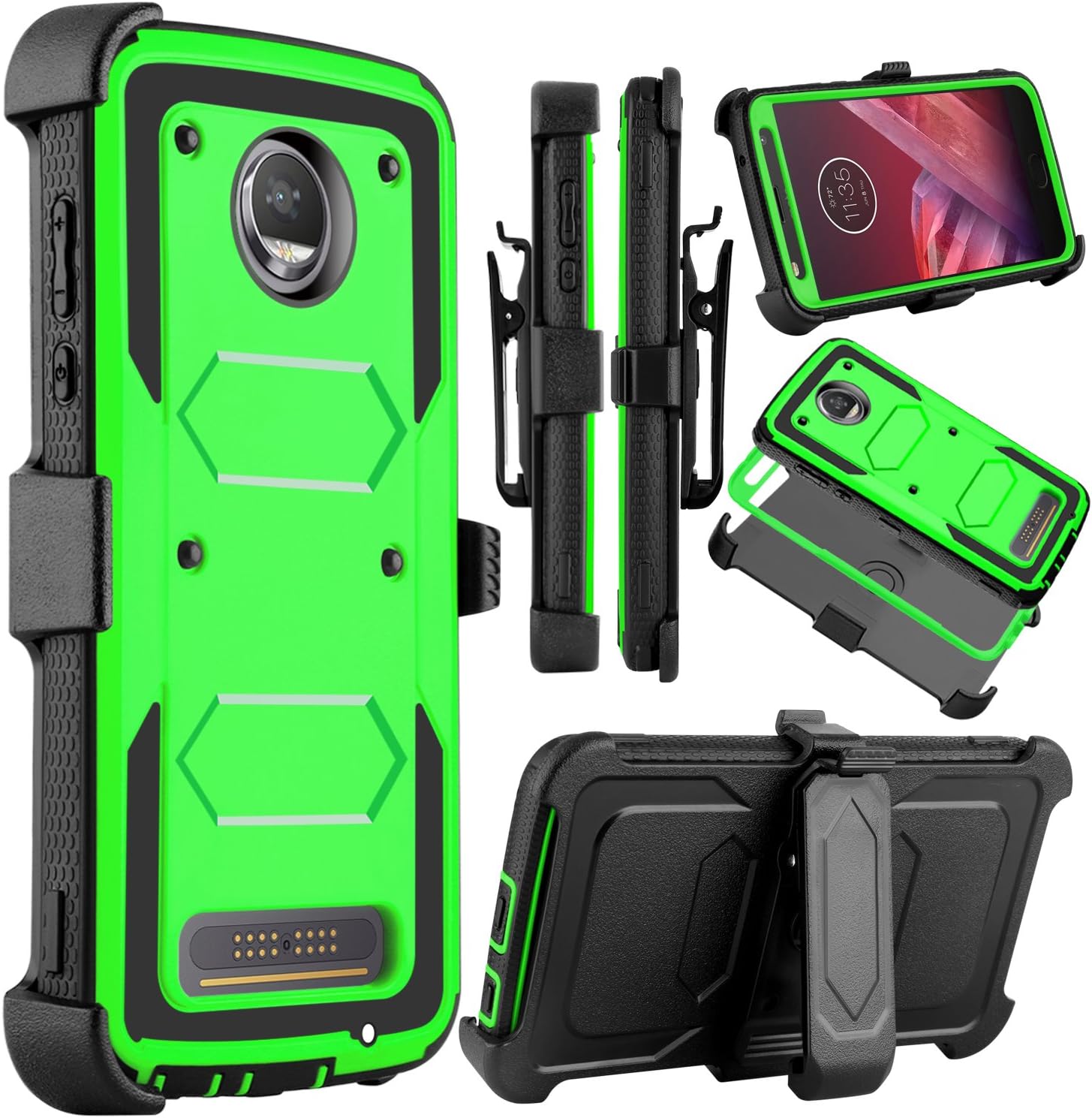 Venoro Moto Z2 Force Case, Moto Z2 Play Case, Heavy Duty Shockproof Full Body Protection Rugged Hybrid Case Cover with Swivel Belt Clip and Kickstand for Motorola Z Force 2017 (Green)
