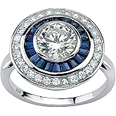 Palm Beach Jewelry Platinum over Sterling Silver Round Cubic Zirconia and Baguette Blue Sapphire Art Deco Circle Ring