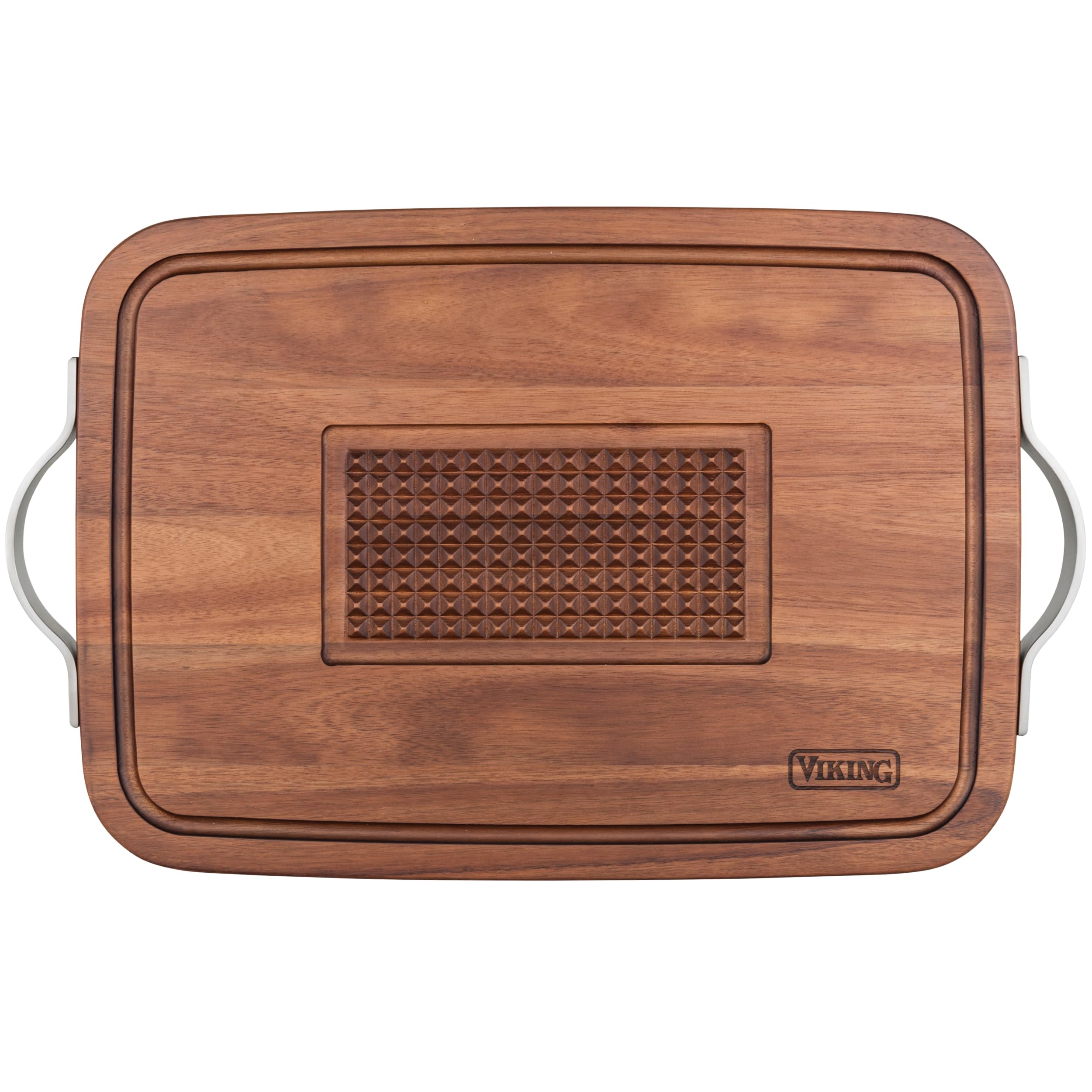 Viking Cutting Board, Acacia Wood Kitchen Butcher Block Carving Board with Juice Groove and Metal Handles, 23 x 14 x 1 Inch