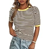 PRETTYGARDEN Womens Puff Short Sleeve Summer Tops 2026 Casual Ribbed Knit Work Basic Tees Crewneck Spring Striped T Shirts