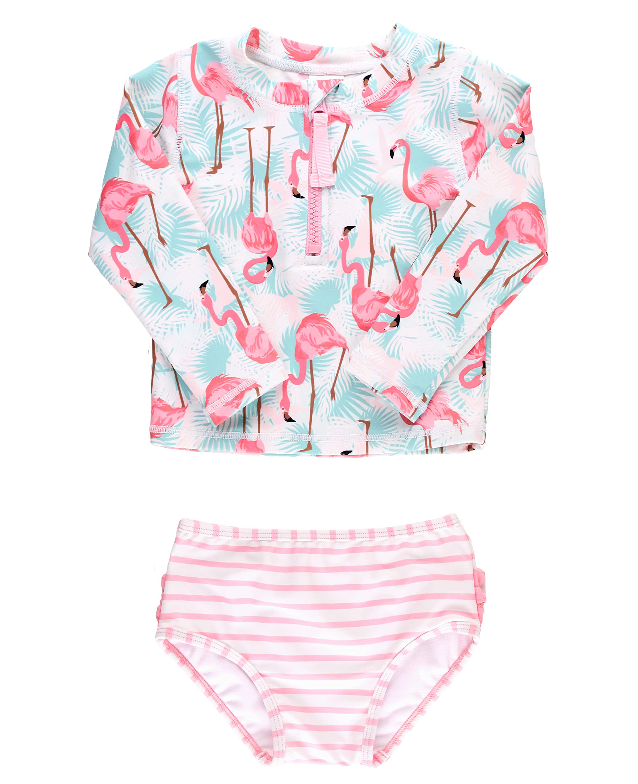 Photo 1 of RuffleButts Long Sleeve Zipper Rash Guard - 2-Piece - Vibrant Flamingo - 6