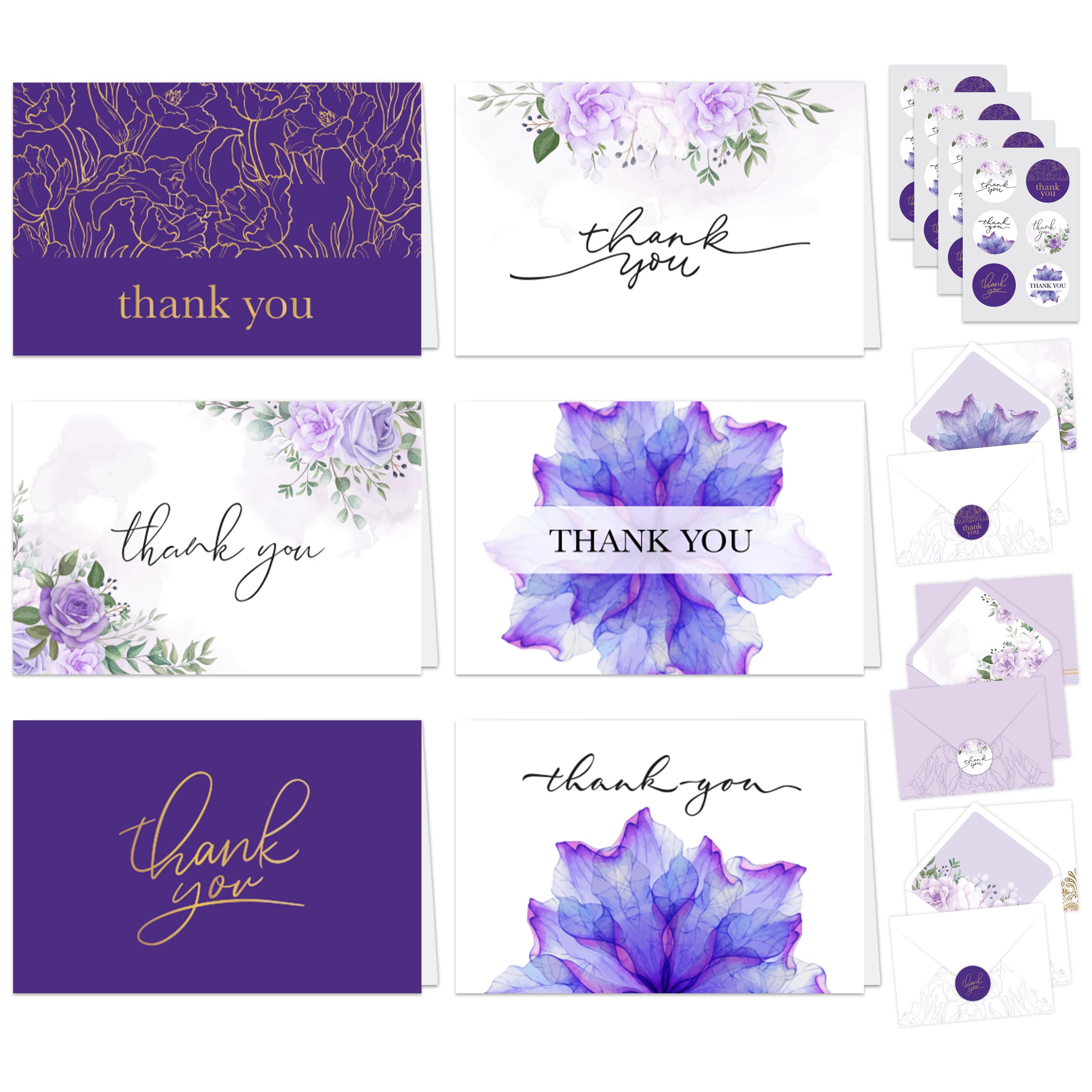 Decorably 24 Pack 6x4in Purple Thank You Cards with Envelopes and Stickers - 6 Elegant Designs Thank You Cards Purple, Blank Inside - Weddings, Bridal Shower, Anniversary, Birthdays