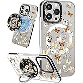 Lotadilo Case for iPhone 16 Pro Max Case Compatible with Magsafe Ring Holder Stand - for Women Butterfly Flower Design TPU Phone Cover for Girls Girly Funny Fashion