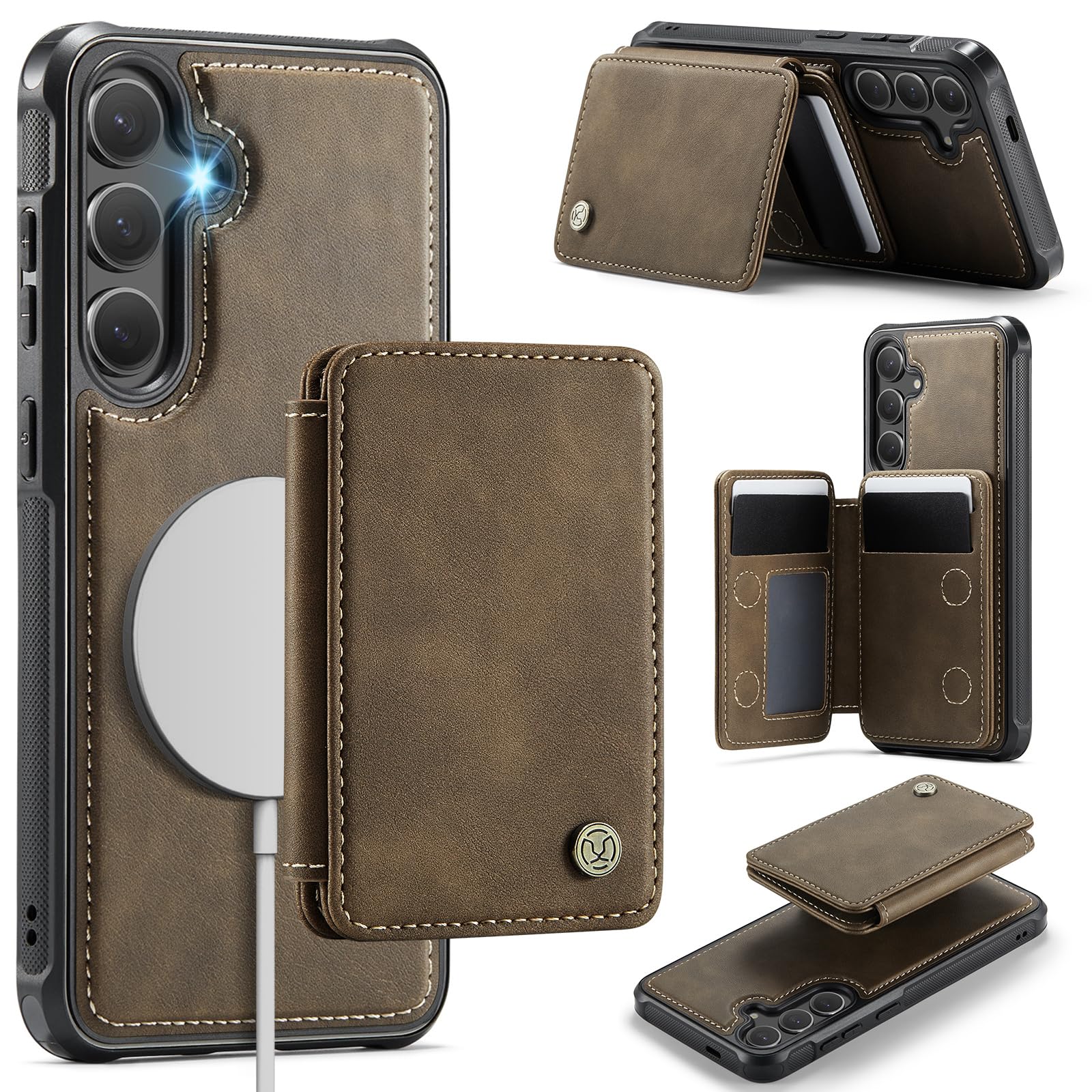 Photo 1 of Usroom Compatible with Magsafe for Samsung Galaxy S25 Plus Wallet Case Magnetic Card Holder, RFID Blocking 2 in 1 Detachable Kickstand Shockproof Case for Women Men, Brown