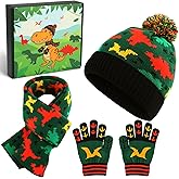 Fourluoo Kids Winter Hat Gloves Scarf Set Dinosaur Children Hat Beanie with Pom Winter Knit Neck Mittens for Boys Toddlers
