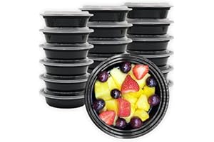 MULMEHË Plastic Meal Prep Take-Out Container and Lid Combo, 24 oz, Microwaveable, Round, Black, 7x1.5”, Set of 150