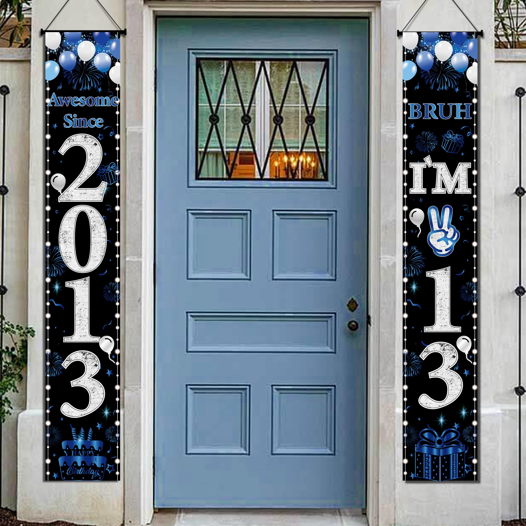 13th Birthday Decorations Door Banner - 2 Pcs Blue Awesome Since 2013 Bruh I'm 13 Happy Birthday Party Banners Porch Sign for Teenager Girls Boys Party Background Decor Supplies, 180 × 30 cm