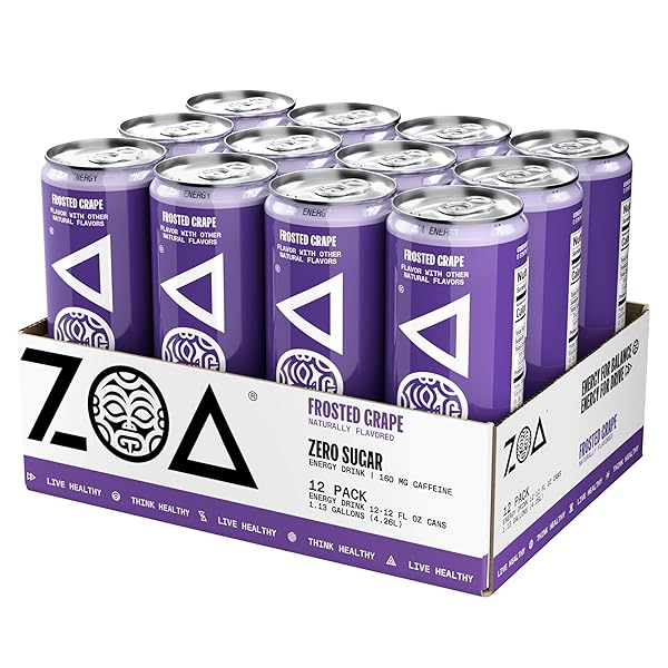 ZOA ZERO SUGAR ENERGY DRINKS, FROSTED GRAPE – SUGAR FREE WITH ELECTROLYTES, HEALTHY VITAMIN C, AMINO ACIDS, ESSENTIAL B-VITAMINS, AND CAFFEINE FROM GREEN TEA – 12 FL OZ (12-PACK)