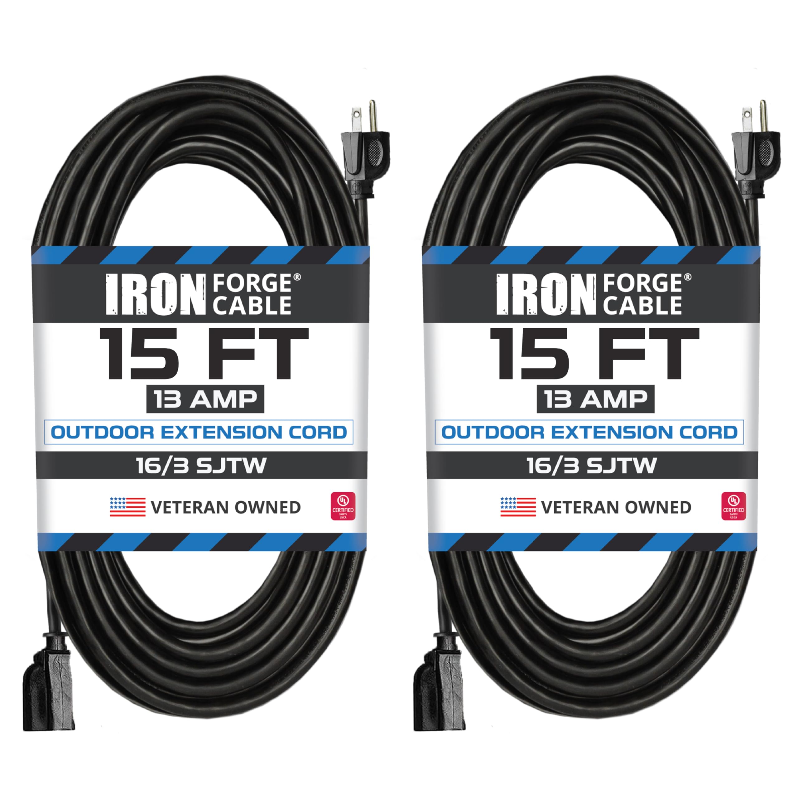 Photo 1 of IRON FORGE CABLE 2 Pack Outdoor Extension Cord 15 ft, 16/3 SJTW Heavy Duty Black Extension Cord 3 Prong, 13 Amp Weatherproof Exterior Power Cable for Outdoor Lights, Lawn & Landscaping