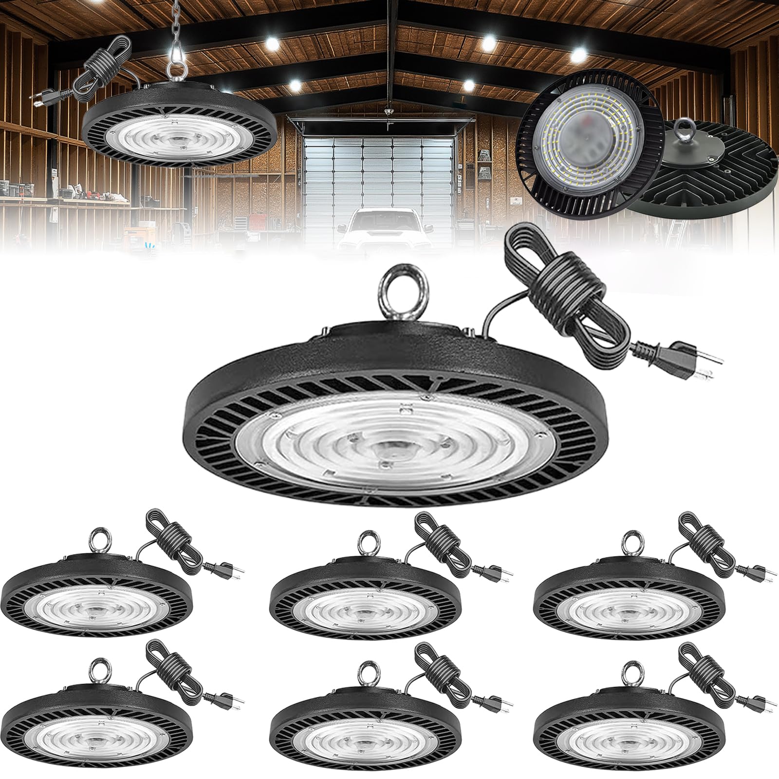 Photo 1 of **PARTIAL SET 4 LIGHTS ONLY/ MISSING ASSEMBLY HARDWARE*** Lingwarm 300W-6Pack UFO LED High Bay Light,33000lm 6000K Super Bright LED Shop Lights with US Plug Cable LED Garage Lights Commercial Warehouse Area Light Workshop Garage Factory Lowbay Area Lighti