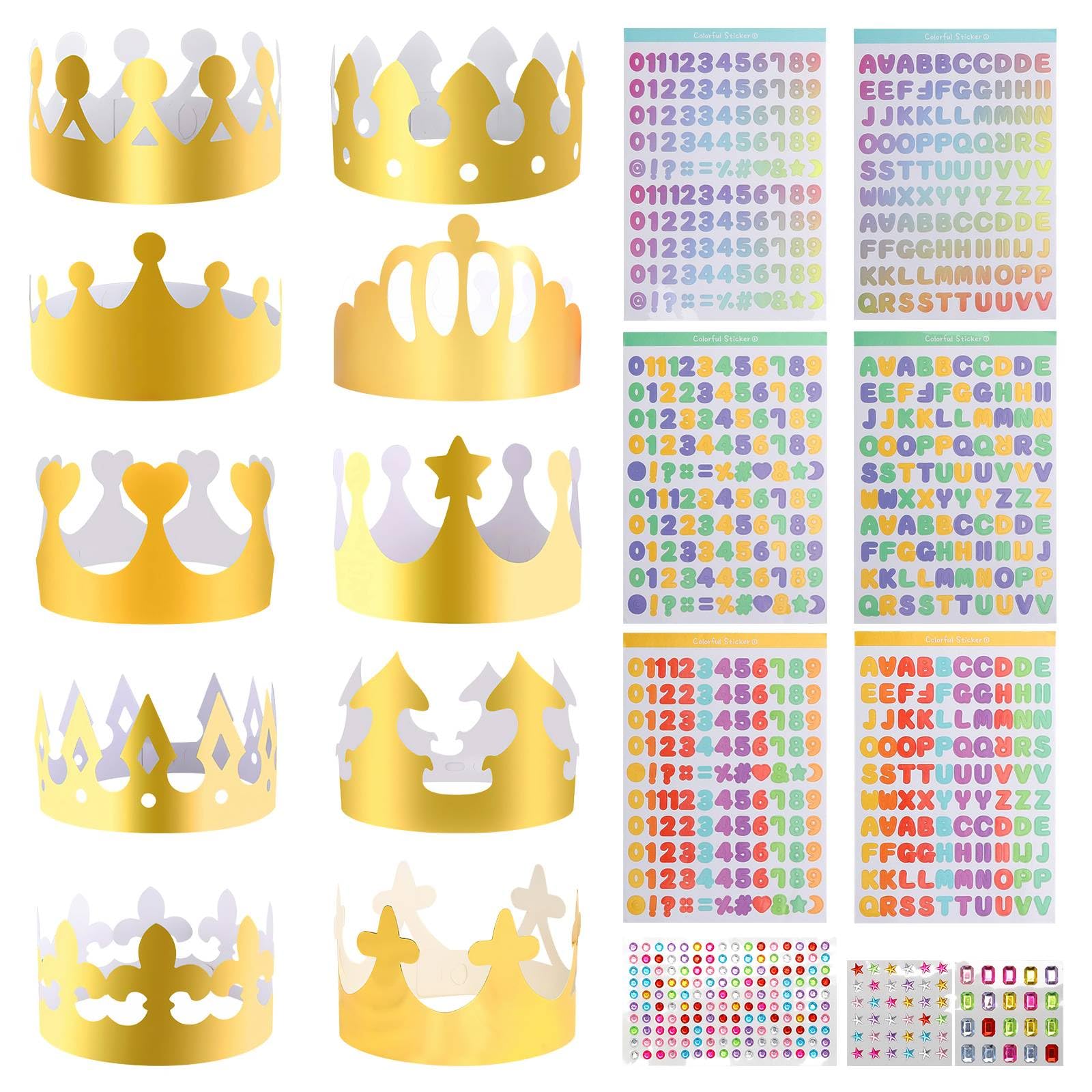 KQDRAVINE 10 Piece DIY Adjustable Crown Set with 9 Decorative Stickers, Princess and Queen Birthday Party Accessories