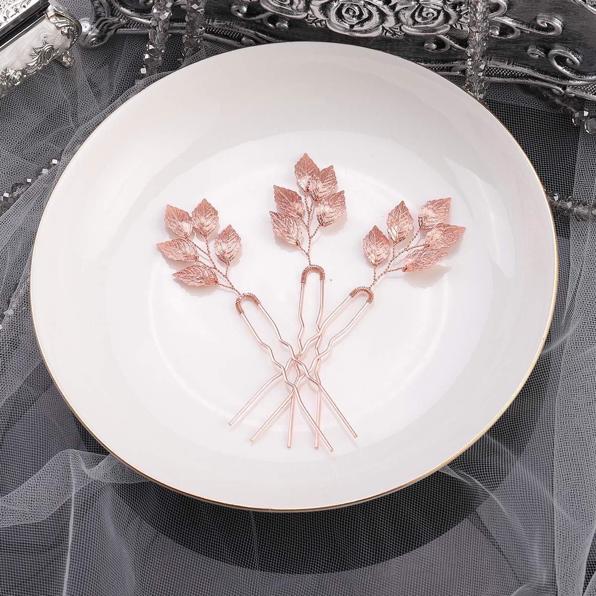 BERYUAN Women Vintage Rose Gold Leaf Hair Pin Set Hair Clip Bridal Hair Accessory Gift for Her Party Headpiece for Bride Bridesmaid Girls (5 leafs, rose gold)