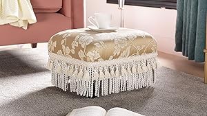 Jennifer Taylor Home Fiona Collection Traditional Style Upholstered Fringed and Tasseled Rectangular Wood Framed Footstool, Neutral
