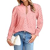 Simplee Womens Casual Tops Blouse 2025 Eyelet Embroidered Puff Long Sleeve Fall Top Dressy Lace Button Shirts