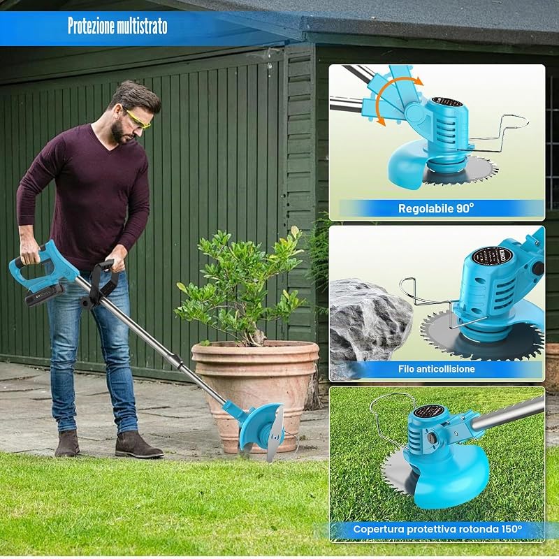 Decespugliatore a Batteria 21V, Tagliabordi a Batteria con 2 Batterie 2,0Ah, 2 Tipi di Lame in Metallo Tagliaerba Elettrico, Forbici Potatura, Angolazione Regolabili per Giardino Potatura (Blu)