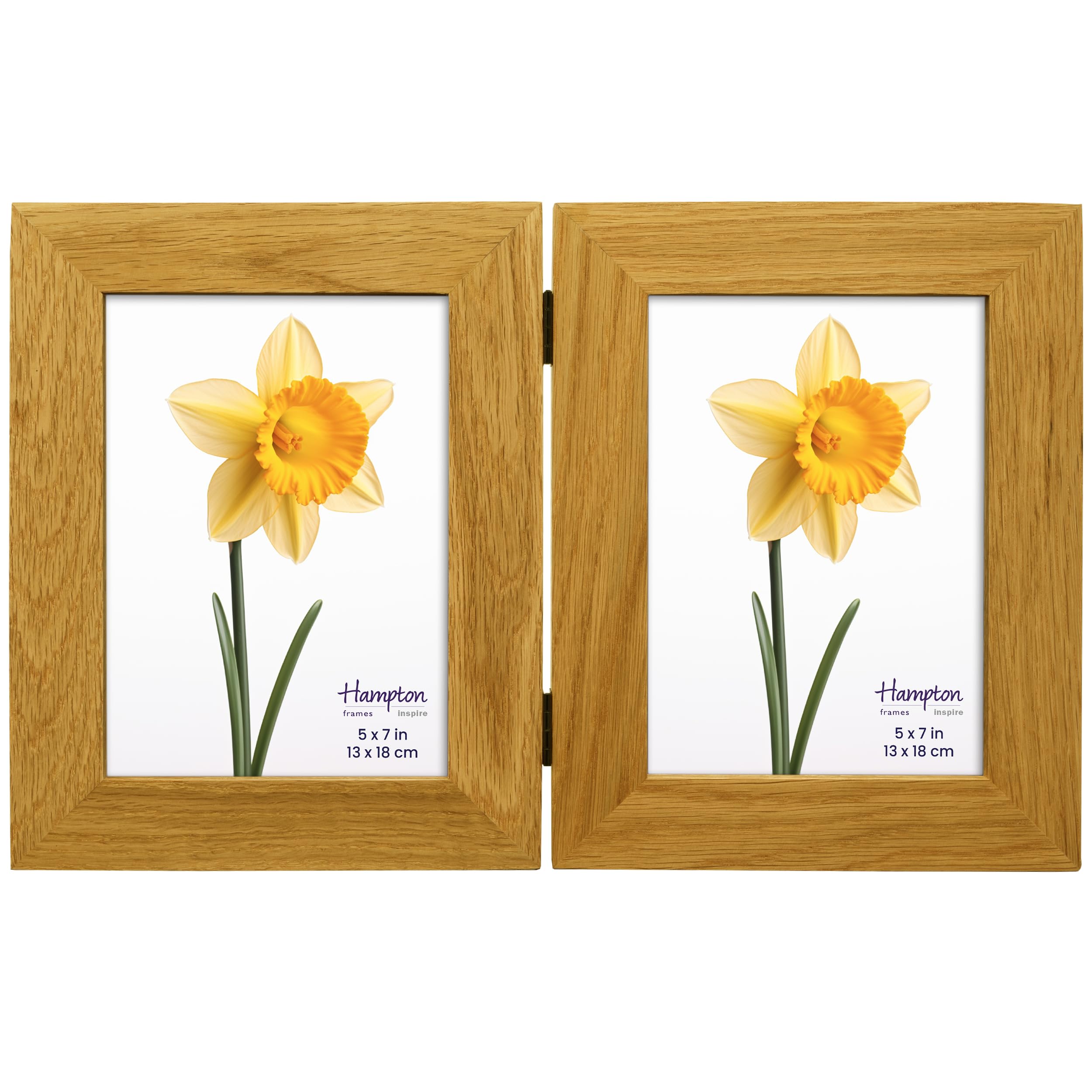 inspire by Hampton Frames | OAKRIDGE Hinged Double Photo Frame, 5x7 (13x18cm), Natural Oak, Polished Wood, Glass Apertures | Freestanding, Multi Aperture Display
