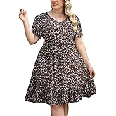 Celkuser Plus Size Casual Midi Dresses Printed Floral Swing Short Sleeve V Neck with Pockets