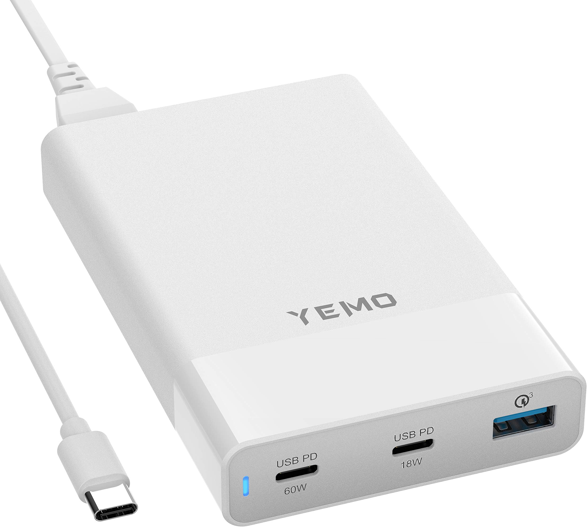 Yemo 60W and 18W PD and QC 3.0 18W Charging Station with Power Delivery Total 90W 3Port, Compatible for MacBook Pro Air iPad Pro, iPhone 12 11 Pro Pro Max and More (White)