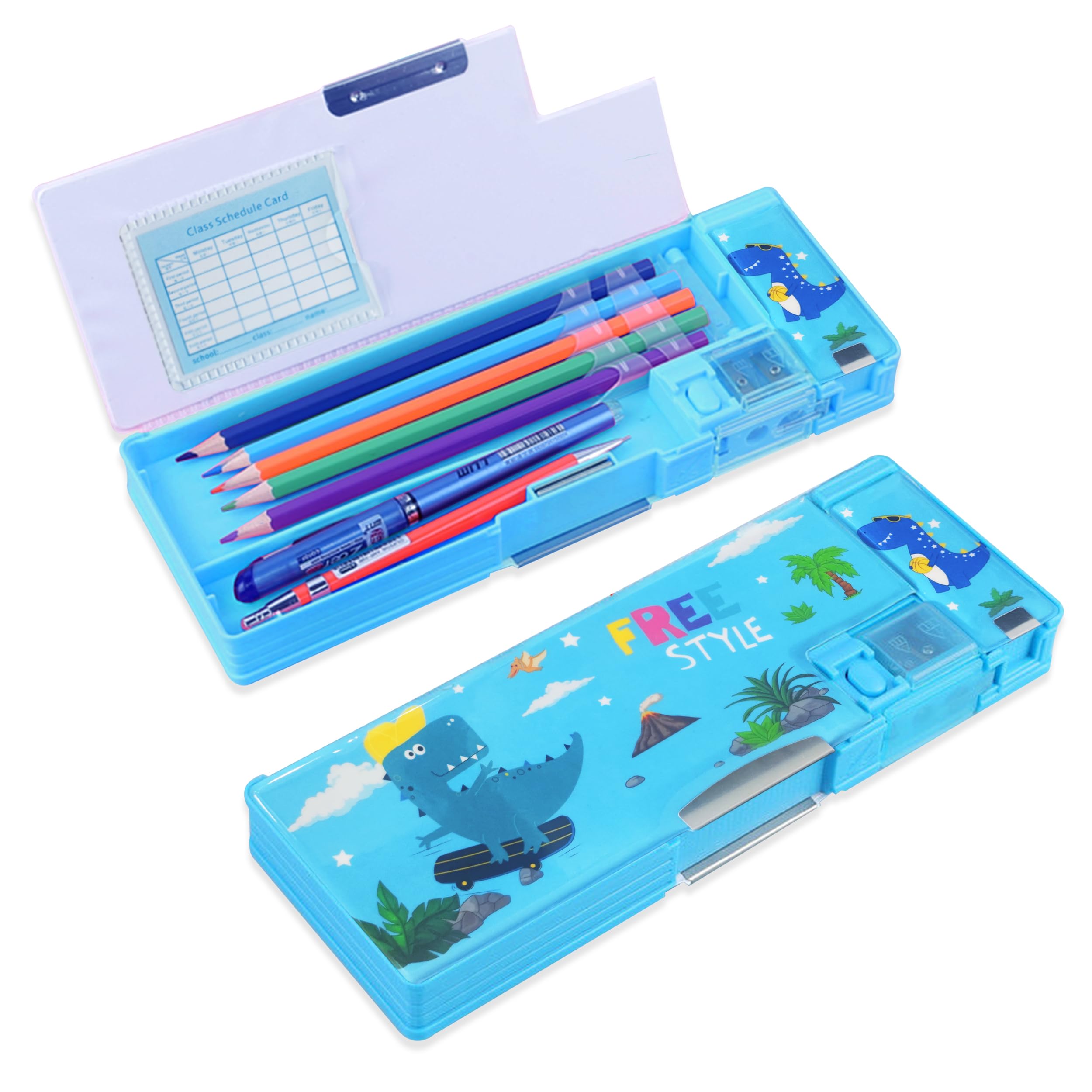 Photo 1 of LilyBeauty Pop Up Multifunction Pencil Case for Girls and Boys, Cute Cartoon Pen Box Organizer Stationery with Sharpener, Schedule, Best Birthday Gifts for Kids (Dinosaur)