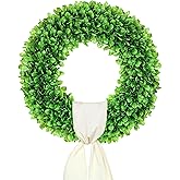 DDHS 23 Inch Large Boxwood Wreath for Front Door, Round Artificial Spring Summer Greenery Wreath with Hello Sign & Sash, Green Wreaths for Farmhouse Wedding Year Round Indoor Outdoor Home Decor