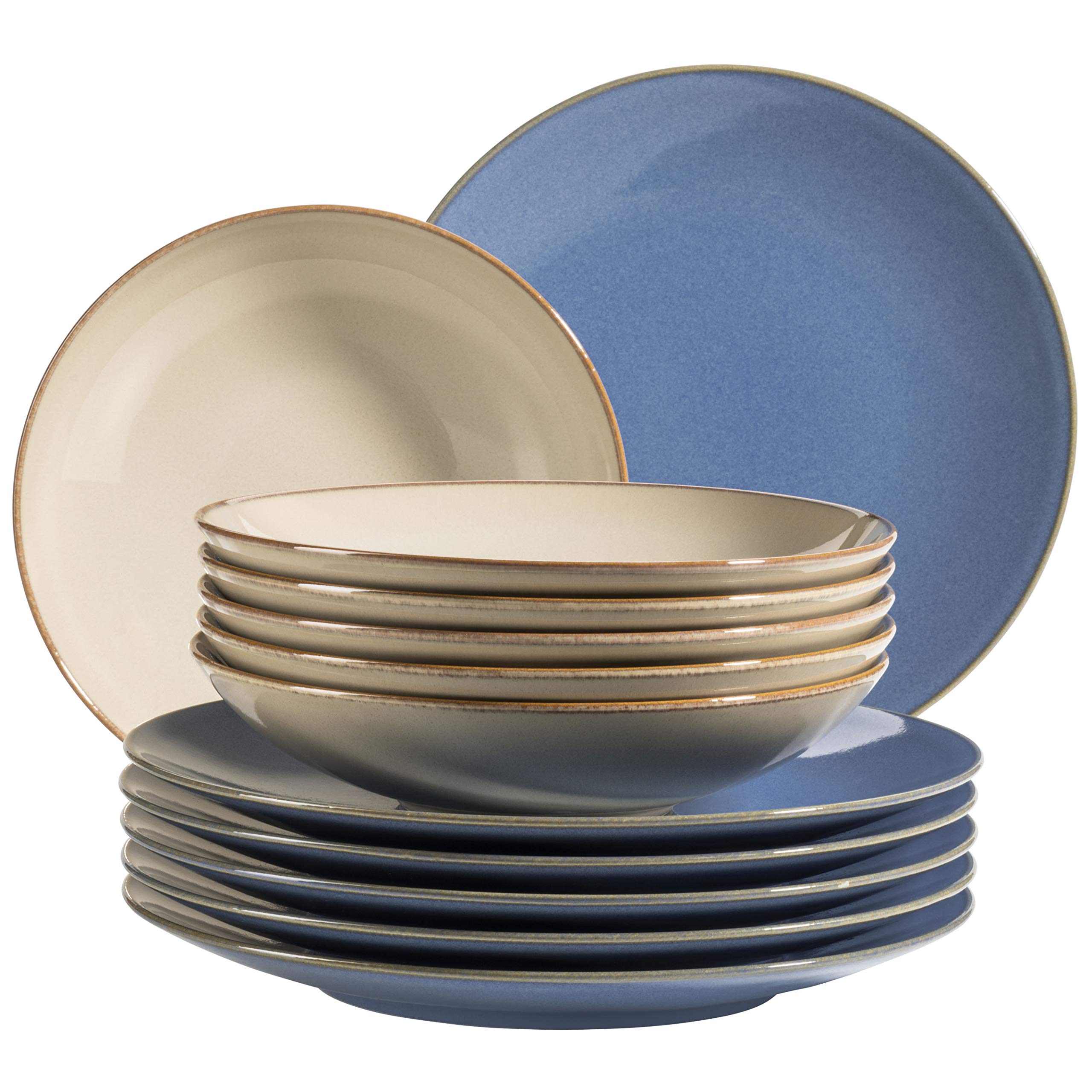 MÄSER 931873 Series Ossia Plate Set for 6 People in Vintage Mediterranean Look, 12 Piece Modern Dinner Set with Sand-Grey Soup Plates and Dinner Plates Stoneware Sand Grey/Light Blue