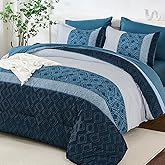 Dinjoy Queen Comforter Set Navy Blue, 7 Piece Boho Bed in a Bag Queen Size Striped Fall Bedding Sets Comforters with Plaid Bed Set with Sheets for Women Men