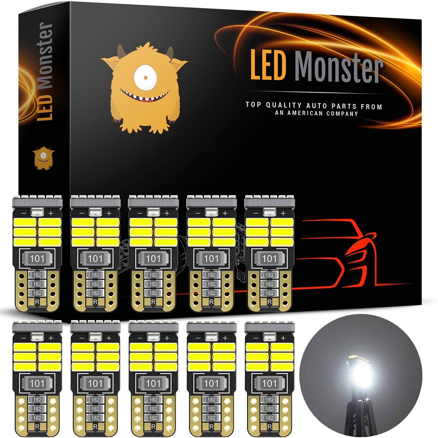 LED Monster 10pcs T10 Wedge Best Value Super Bright High Power 3014 18-SMD 194 168 2825 W5W White LED Bulb Lamp for Car Truck Interior Dome Map Door Courtesy License Plate Lights