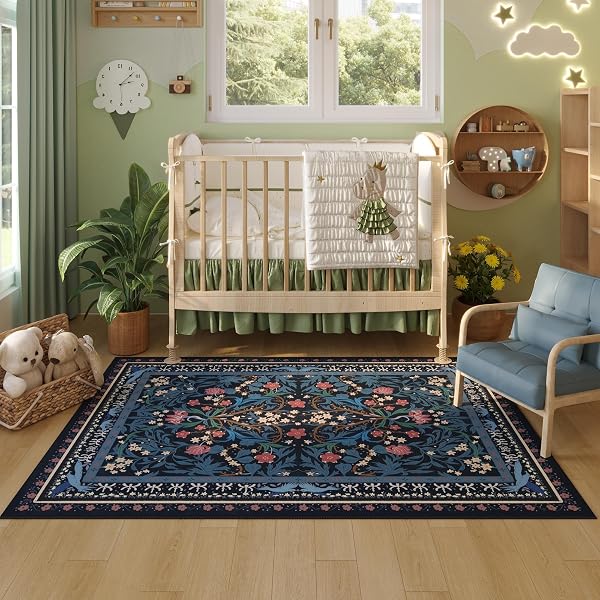 VOWKTEN AREA RUG 4X6 RUG WASHABLE VINTAGE FLORAL BOTANICAL RUGS NON SLIP LOW PILE SMALL CARPET FOR BEDROOM, BEDSIDE, KIDS ROOM, OFFICE, DINING ROOM, BLUE