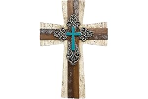 De Leon Collections 14233 Fleur De Lis Layered Turquoise and Brown 11.8 Inch Polyresin Southwestern Rustic Distressed Decorative Home Décor Hanging Sculpture Wall Cross