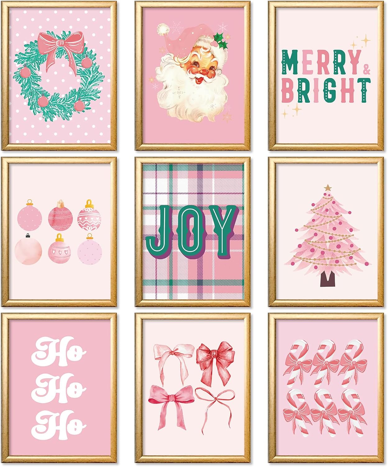 Posters & Prints - AnyDesign Pink Christmas Wall Art Prints Vintage Santa Xmas Tree Posters Merry Bright Paper Wall Arts for Living Room Bedroom Decor, 9 Sheet, 8 x 10 Inch, Unframed