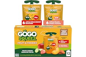 GoGo squeeZ fruit & veggieZ Variety Pack, Pedal Pedal Peach/Speedy Strawberry, 3.2 oz. (12 Pouches) - Apple, Strawberry, Peac