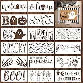 Dunzy 16 Pcs Halloween Boo Door Mat Stencils for Painting and Crafts | Hey Boo Ghost Bat Skull and Web Designs, Happy Halloween Sayings, Haunted Porch Mats, Wood Signs and Party Decorations