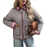 Tankaneo Womens Cropped Quilted Jackets Plaid Lightweight Full Zip Up Jacket Puffer Padded Coat with Pockets