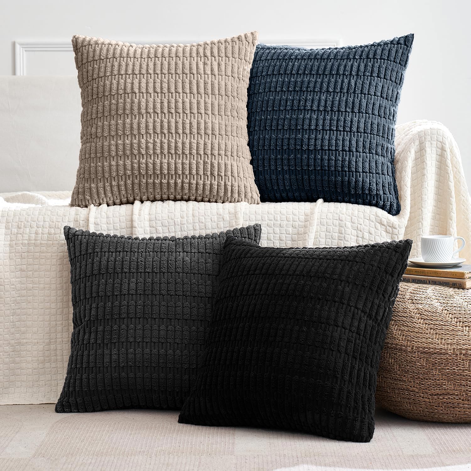Photo 1 of MIULEE Pack of 4 Modern Coastal Western Corduroy Decorative Throw Pillow Covers 18x18 Inch Soft Striped Pillow Covers Home Decor for Sofa Living Room Couch Bed Black and Blue