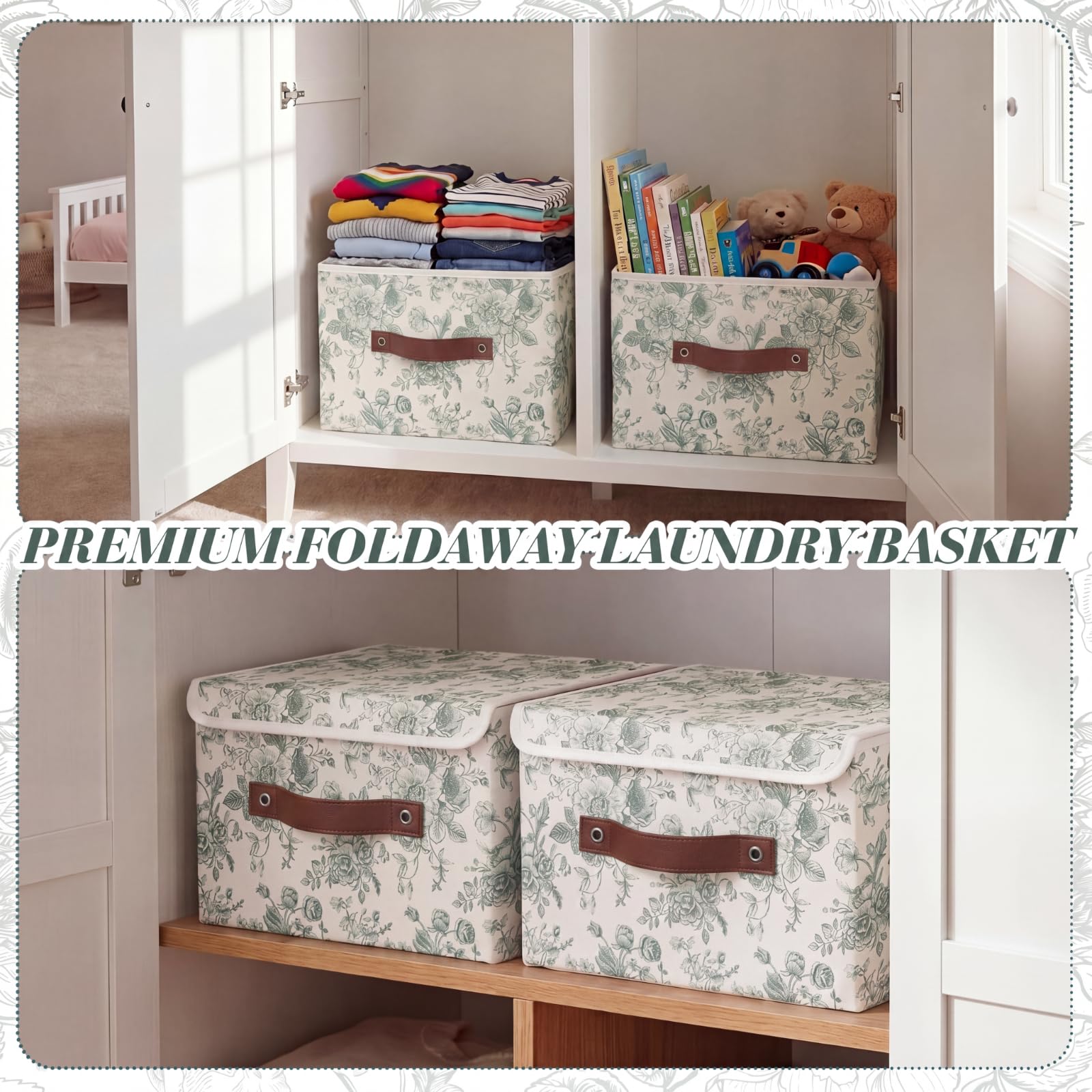 Condition photo showing As Is for teecyhooo 2 pack sage green floral storage bin with lids large floral storage bin with handles 15x10