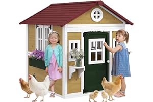 Outsunny Kids Outdoor Playhouse, Wooden Toddlers Large Pretend Play Equipment or Chicken Coop with Door, Windows, Planter Pot