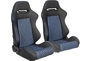 CIWUCSEAT 2 Pieces Universal Racing Seats with Dual Lock Sliders, Black PVC Leather Universal Blue Diamond Shiny Mesh Fabric,22.45"*20.87"*38.58", Not Including Seat Bracket