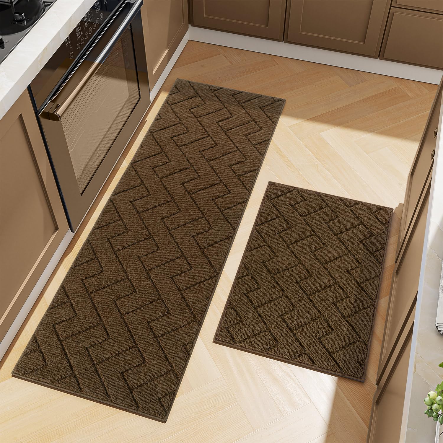 hicorfe Kitchen Rugs and Mats Sets,2 Pieces Super Absorbent Polypropylene Non-Slip Rug,Soft Comfort Floor Mat,Washable for Kitchen,Hallway,Office,Sink,Laundry(24" x 35"+24" x 71",Dark Brown) Image