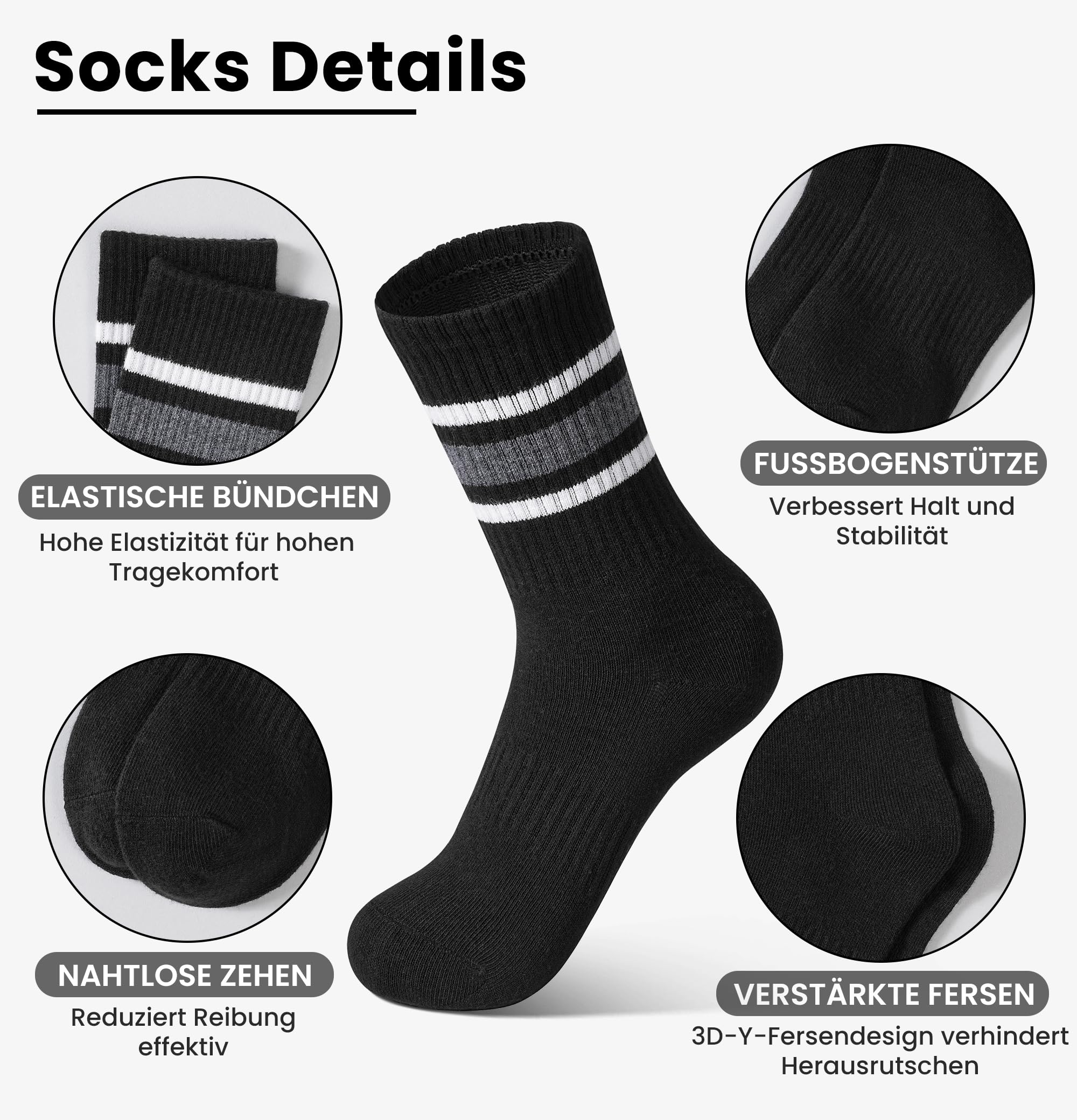 Auranso 6 Paar Socken Jungen Tennissocken Kinder Sportsocken Kindersocken Mädchen Baumwolle Socke für Kinder 4-14 Jahren 27-38, Schwarz, 35-38 3