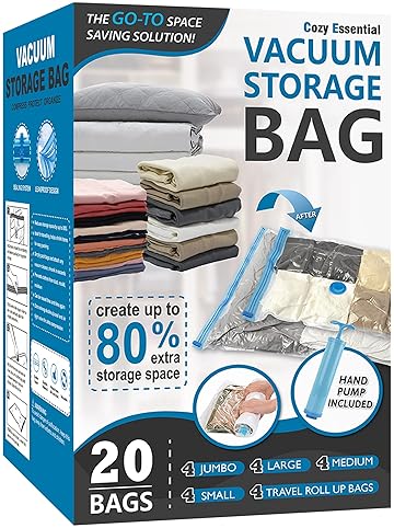Home & Kitchen - Cozy Essential 20 Pack Vacuum Storage Bags, Space Saver Bags (4 Jumbo/4 Large/4 Medium/4 Small/4 Roll) Compression for Comforters and Blankets, Sealer Clothes Storage, Hand Pump Included