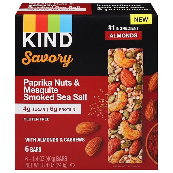 KIND SAVORY NUT BARS, PAPRIKA NUTS & MESQUITE SMOKED SEA SALT, GOOD SOURCE OF FIBER, GLUTEN FREE, LOW SUGAR, 6G PROTEIN, 6 COUNT