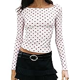 Women Y2K Long Sleeve T-Shirt Vintage Polka Dot Boat Neck Slim Fit Crop Top Spring Fall Going Out Tops Blouse Shirt