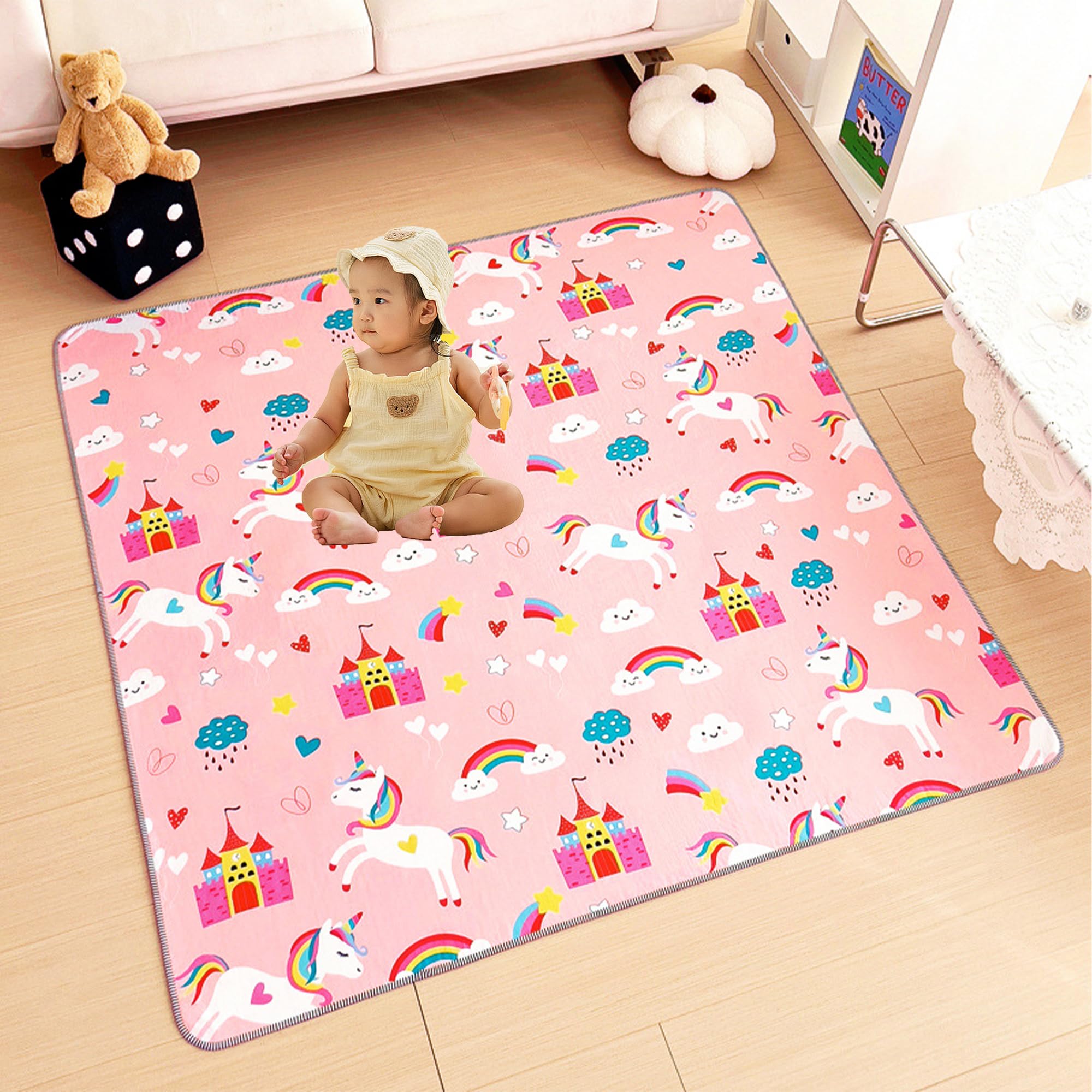 SQAQS Baby Floor Play Mat, Large 130 * 130cm, 4-Layer Structure, Foldable Play mat for Crawling, Waterproof, Nonslip Baby Crawling Mats, Soft Playmat for Baby's Crawling (Pony) — image 1