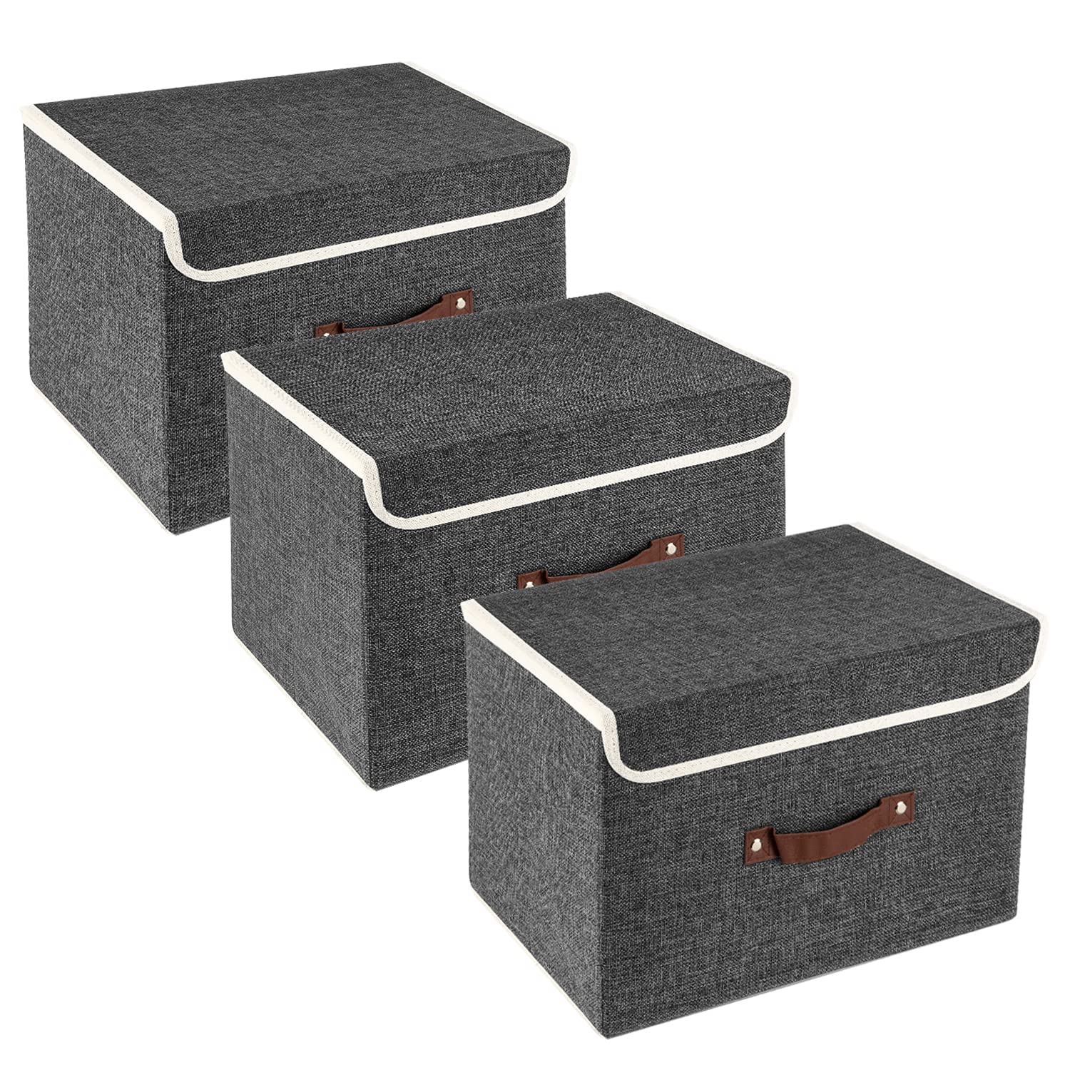 TYEERS Collapsible Storage Box with Lid, Fabric Storage Box for Clothes, Wardrobe Storage, 38x25x25 cm, Set of 3, Black