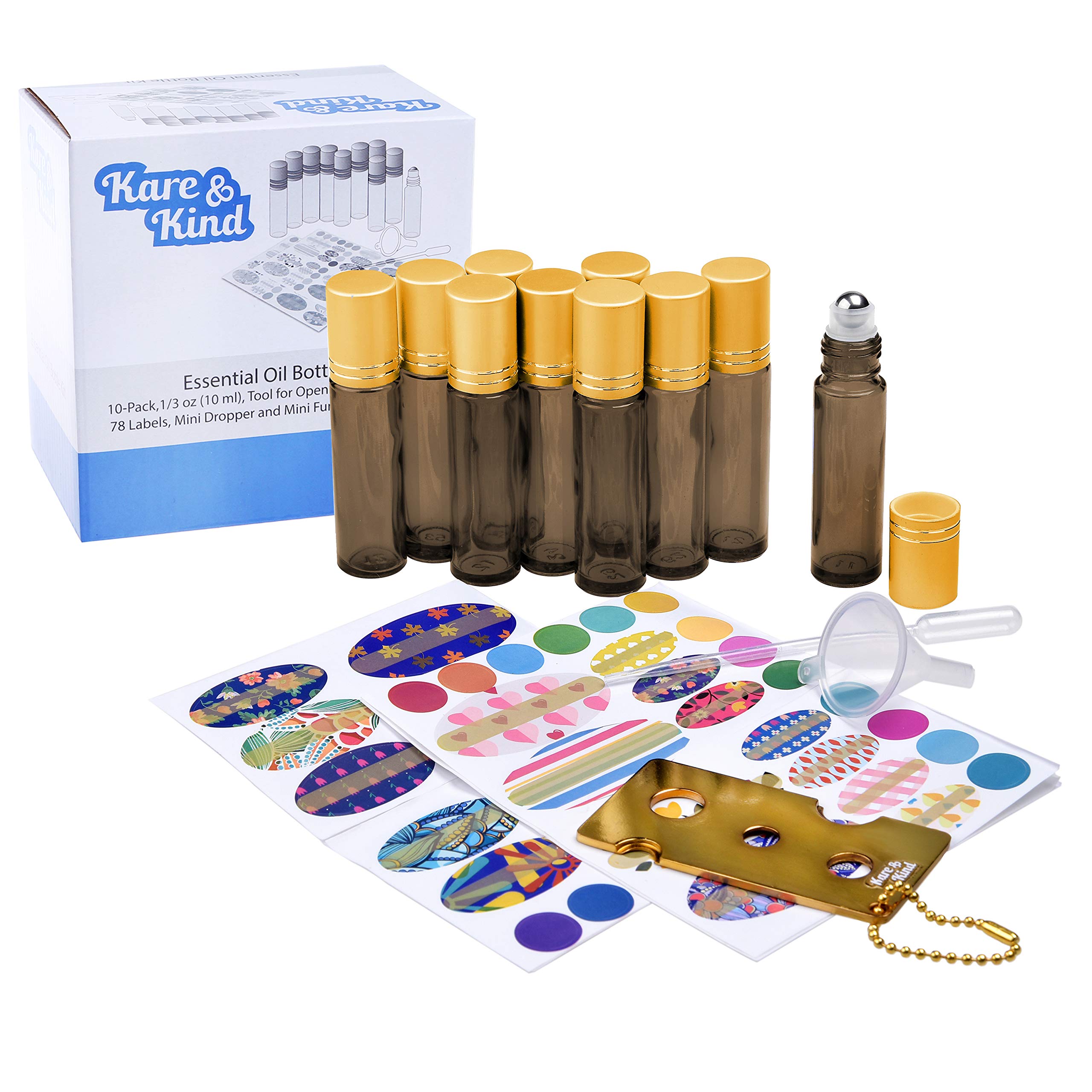 10 x Amber Brown Essential Oil Bottles (1/3 oz - 10 ml), 1 x Tool for Opening/Sealing Bottles, 78 x Labels (4 Sizes), 1 x Mini Pipette + 1 x Mini Funnel for Easy Filling